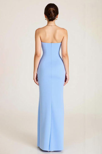 Sky Blue Satin Strapless Mermaid Ruched Long Formal Dress With Slit